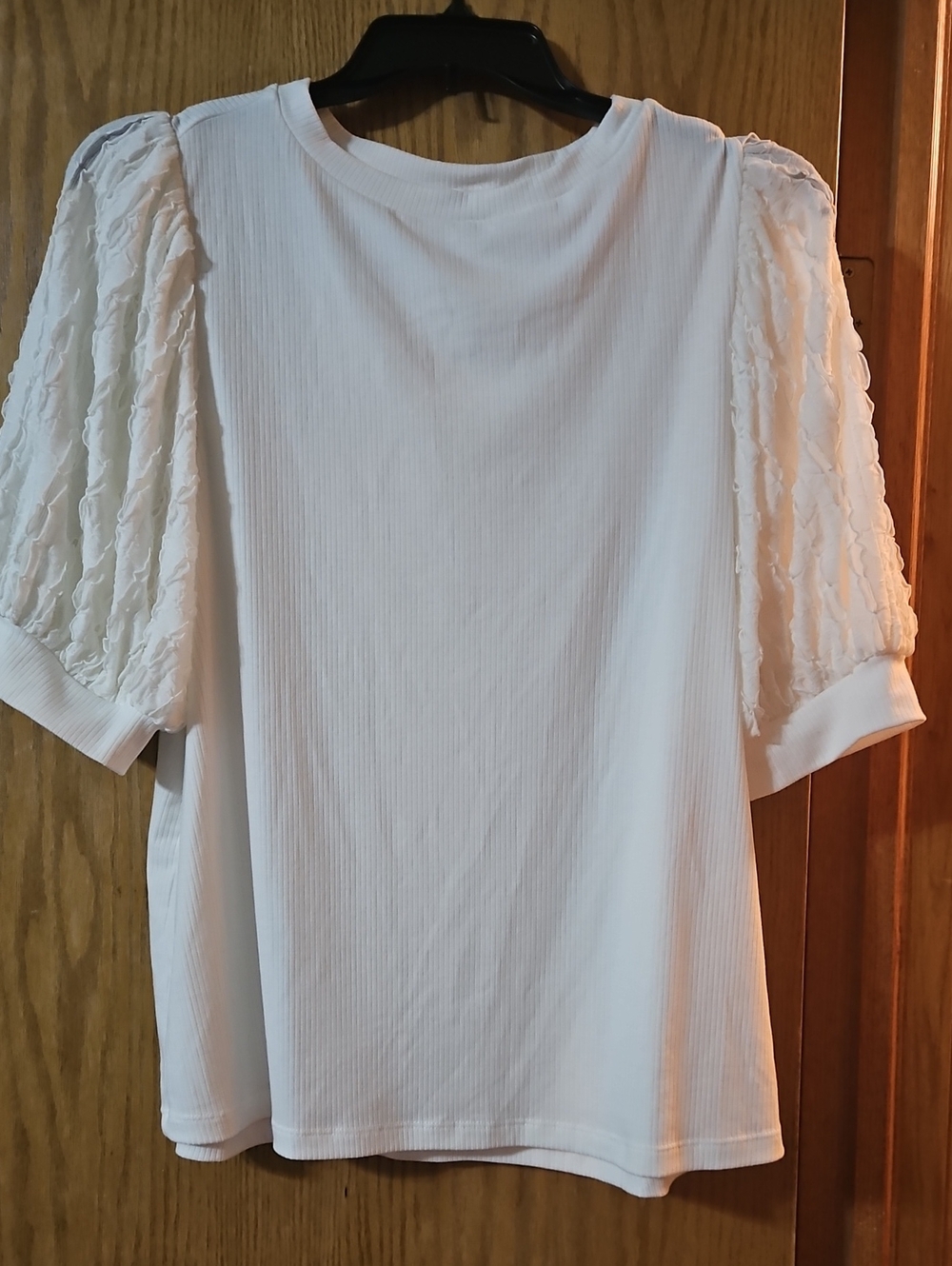 ChicSoul White Ribbed Top with Textured Puff Sleeves